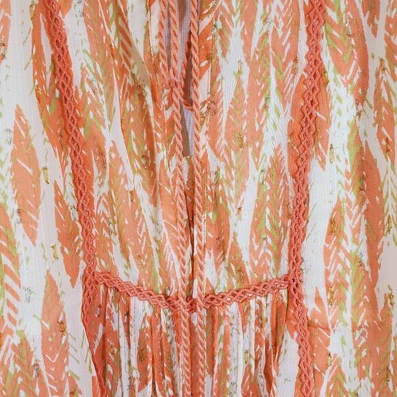 Miss Me Swing Halter Top Feminine Flirty Tassled Feather Print Blouse - Picture 8 of 9